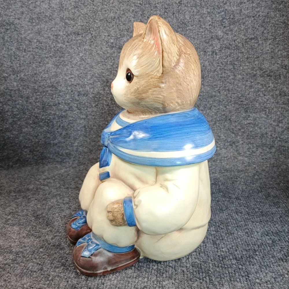 Vintage Cat Cookie Jar Ceramic Sailor Kitten Blue White Anthropomorphic Japan